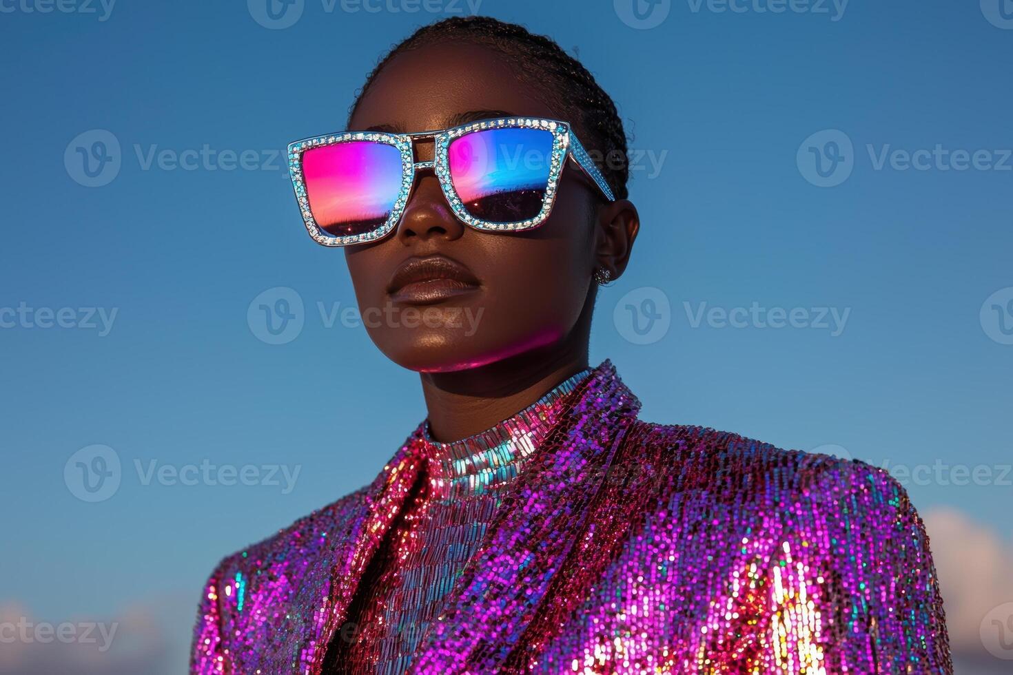 Stylish woman in sparkly jacket and sunglasses photo