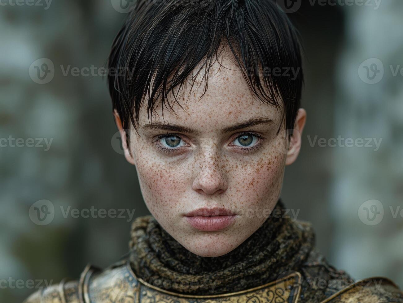 Young woman with freckles and short hair in medieval armor photo
