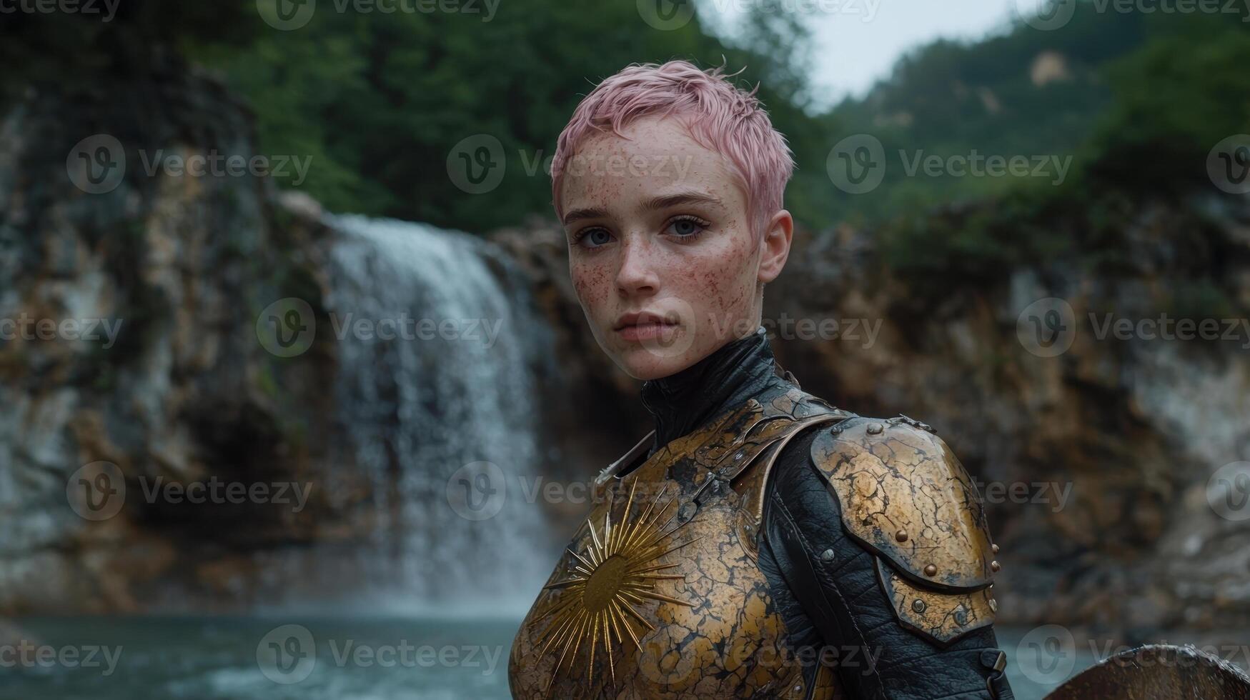 Young woman in fantasy armor stands before a waterfall photo