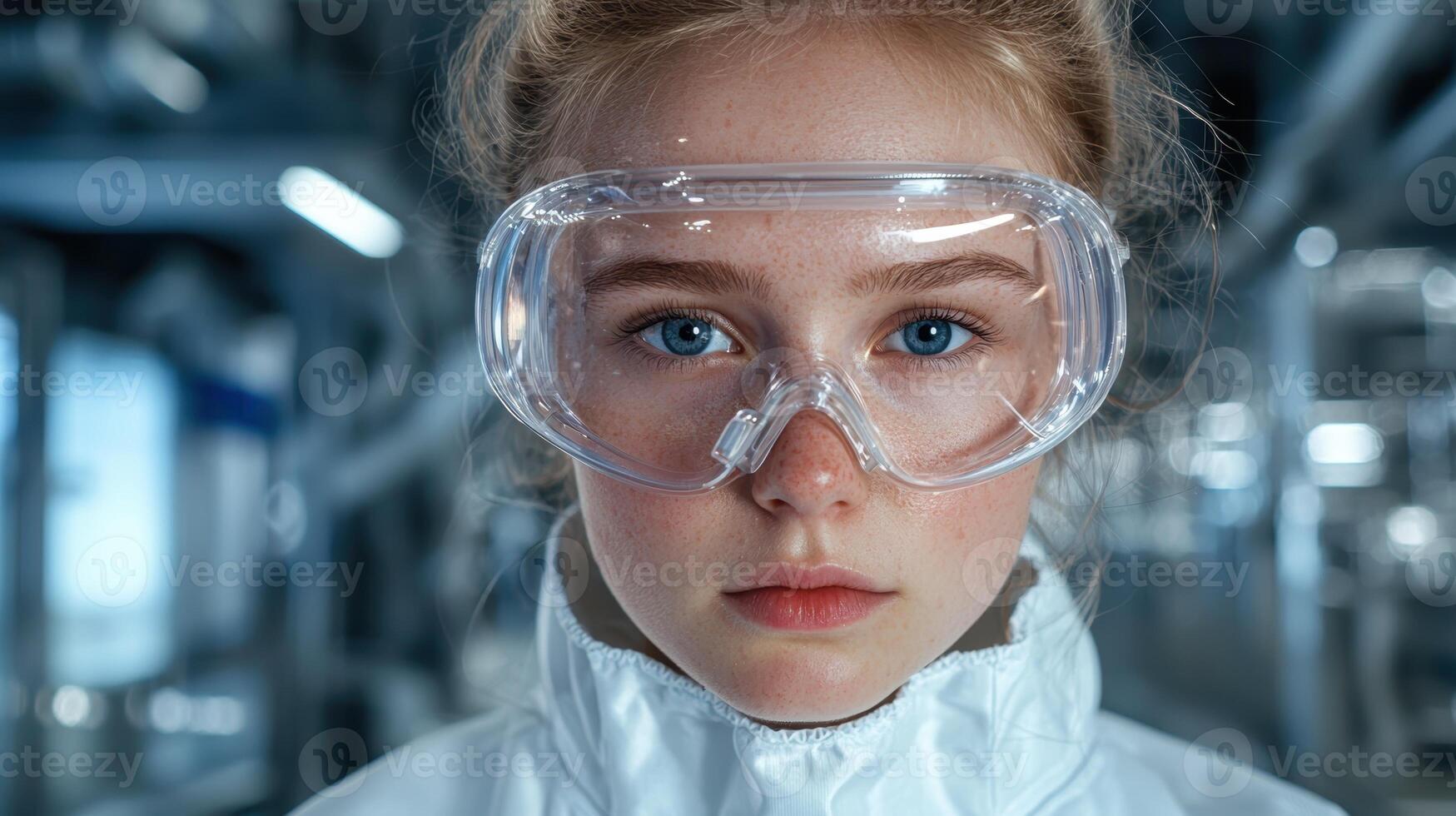 Young female scientist wearing safety glasses in a laboratory photo