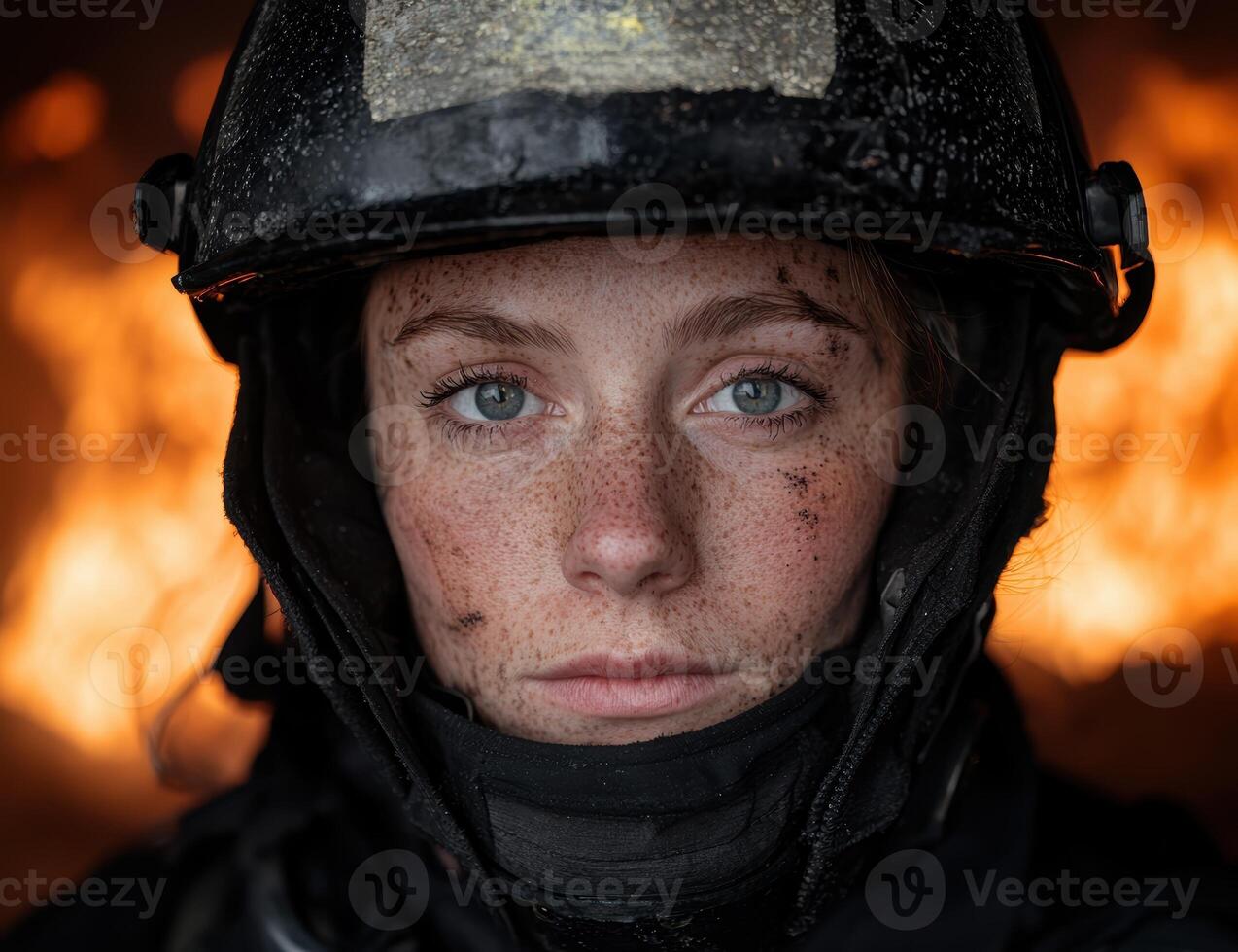 Close up portrait of a female firefighter with soot on her face and helmet, in front of a fire photo
