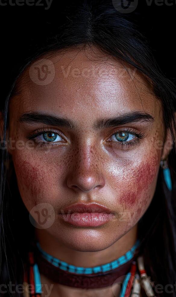 Close up portrait of a woman with freckles and red marks on her face photo