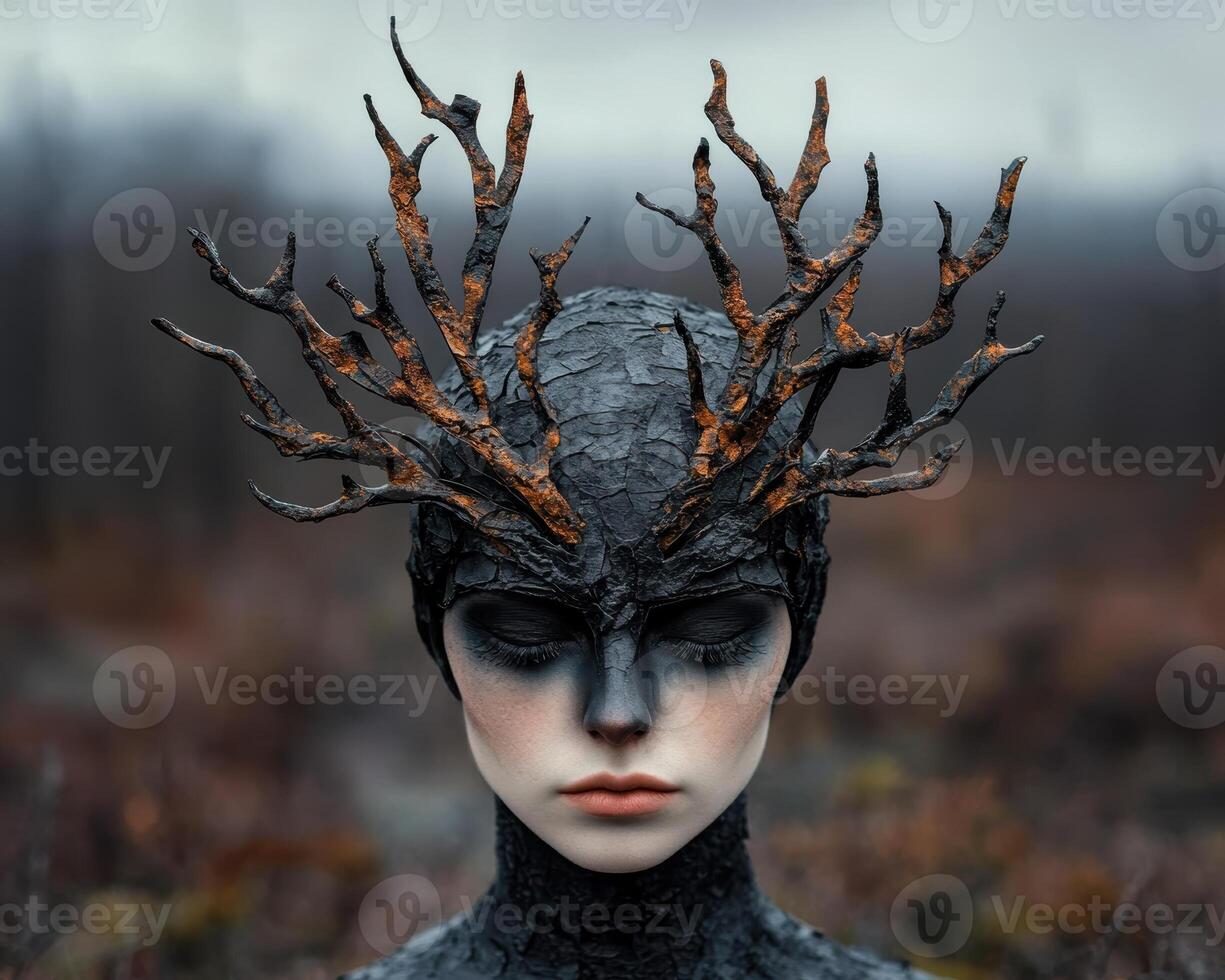 Mysterious woman in dark fantasy costume with antlers photo