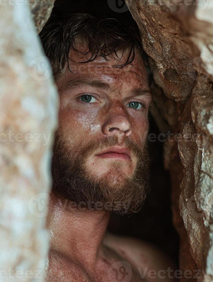 Man with beard hiding in cave photo
