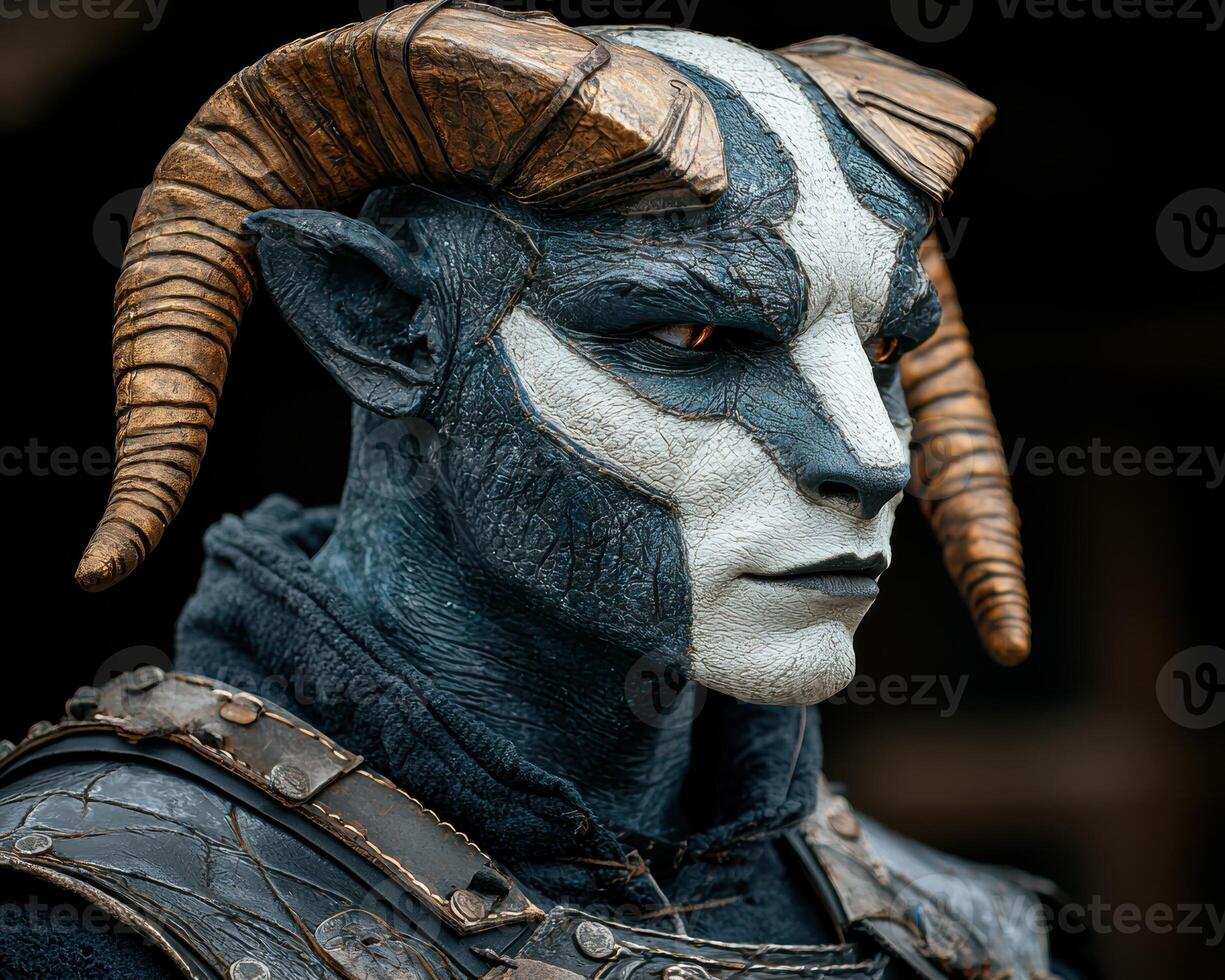 Close up portrait of a horned fantasy creature with intricate makeup photo