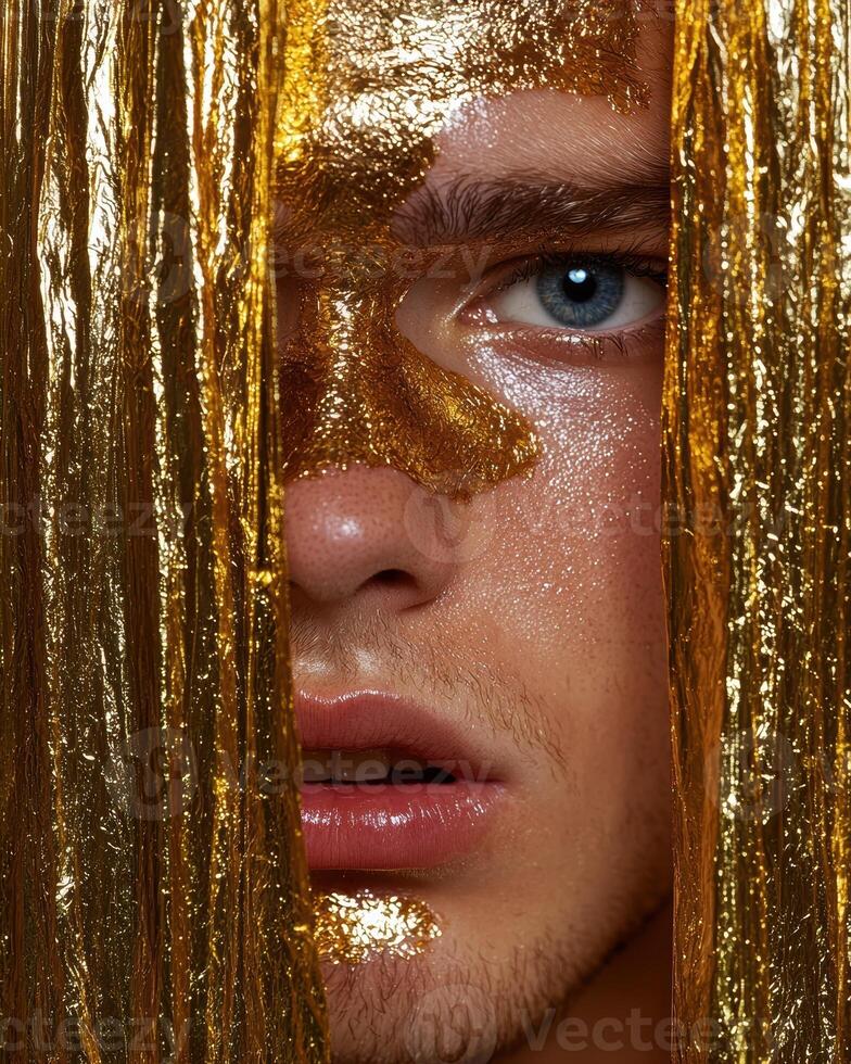 Close up of a mans face partially covered with gold leaf photo