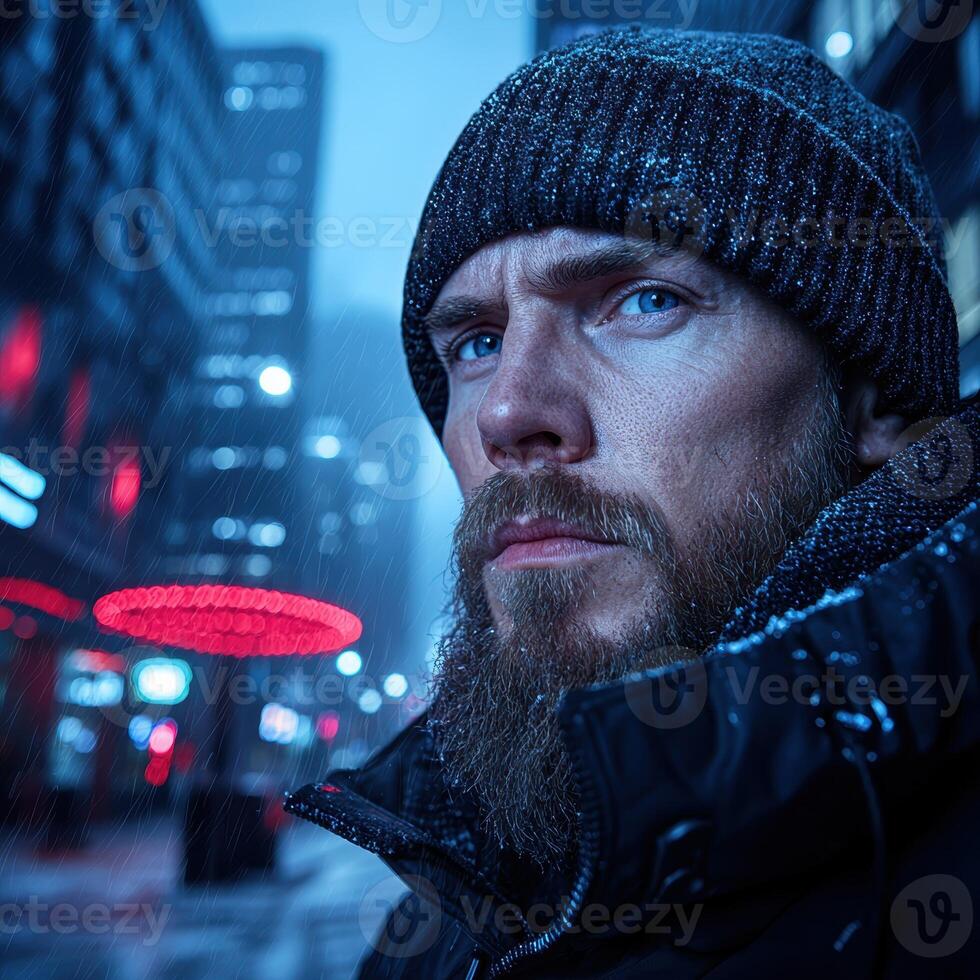 Man with beard in winter city at night photo