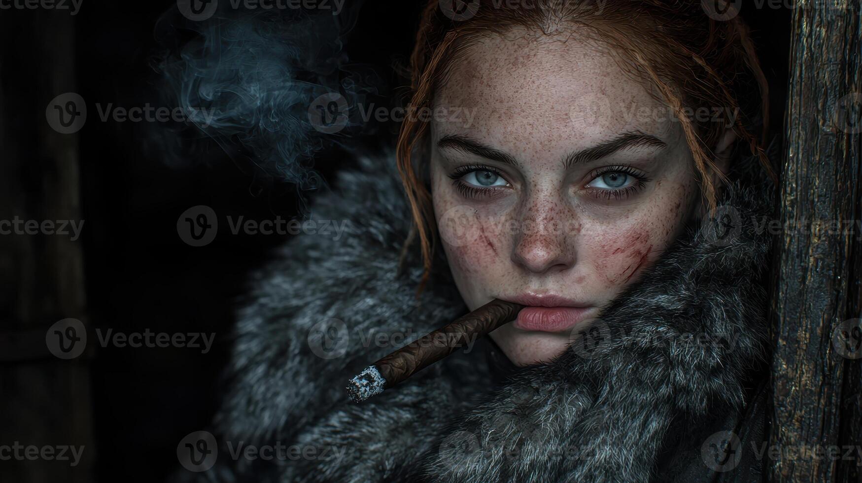 A fierce woman with scars smokes a cigar photo