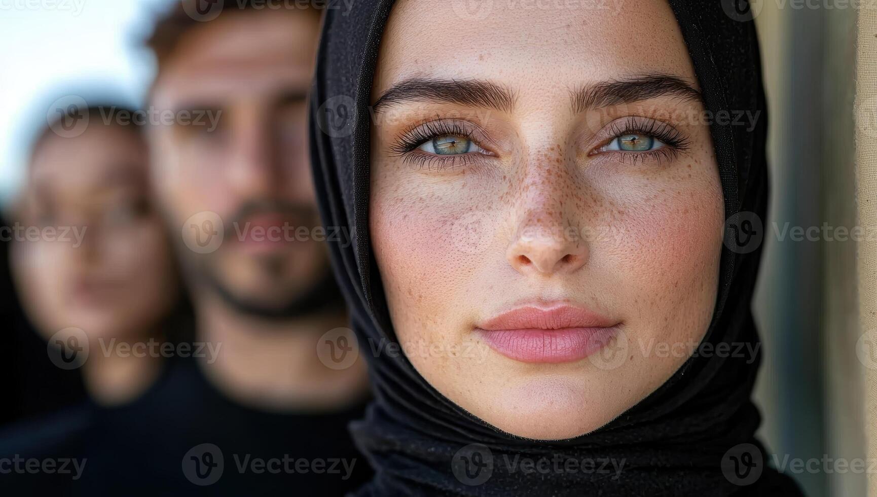 Close up portrait of a young woman wearing a hijab, with two blurred figures in the background photo