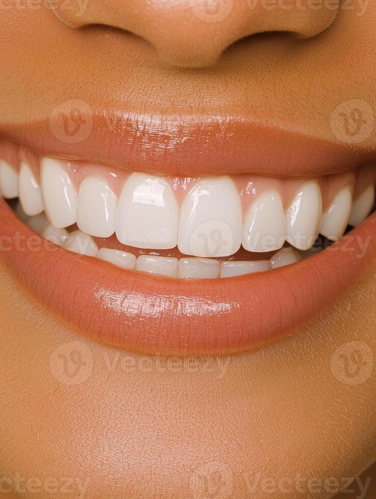 Close up of a womans healthy and bright smile photo