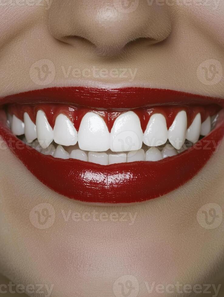 Close up of a womans smile with bright white teeth and red lipstick photo