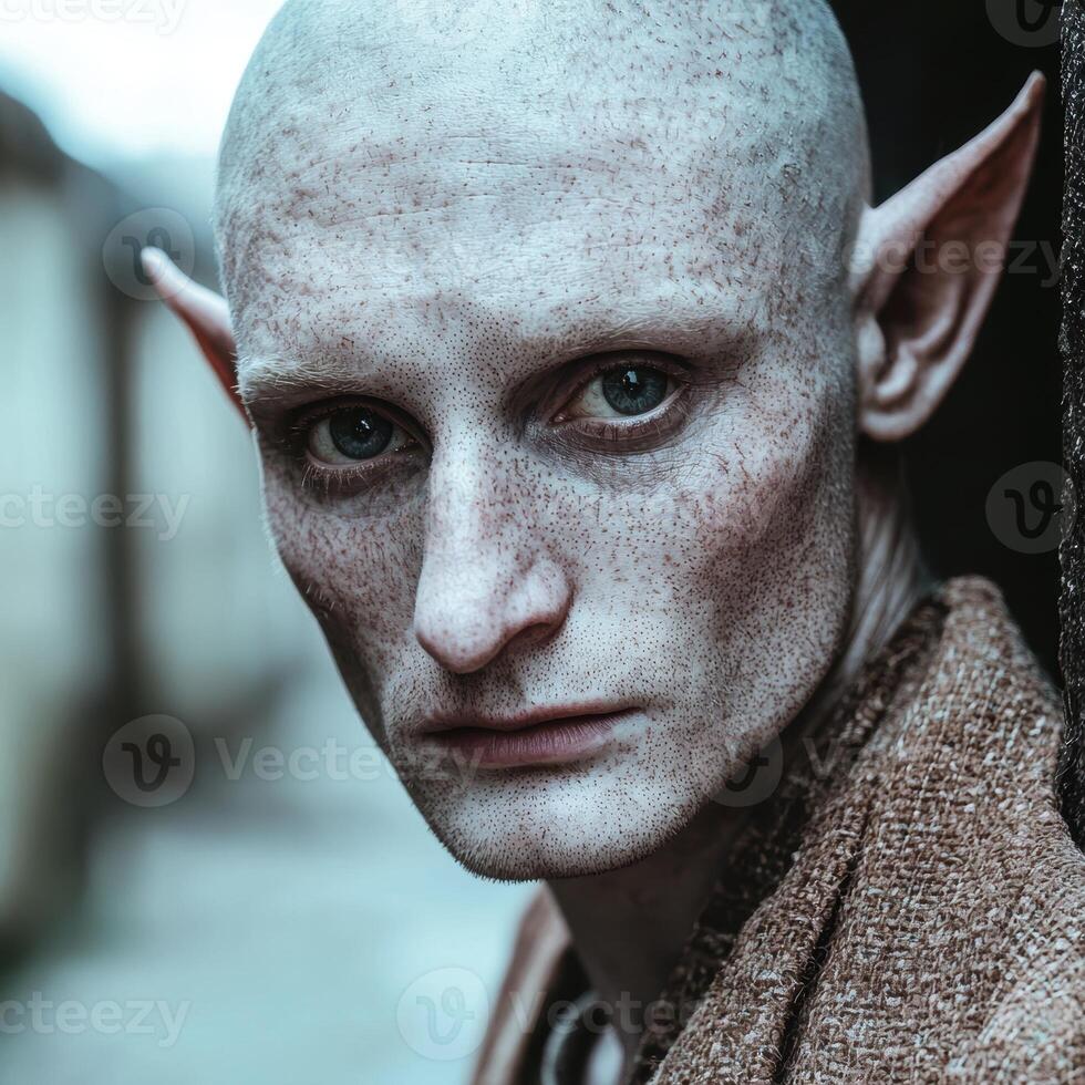 Close up portrait of a bald elf with pointed ears photo
