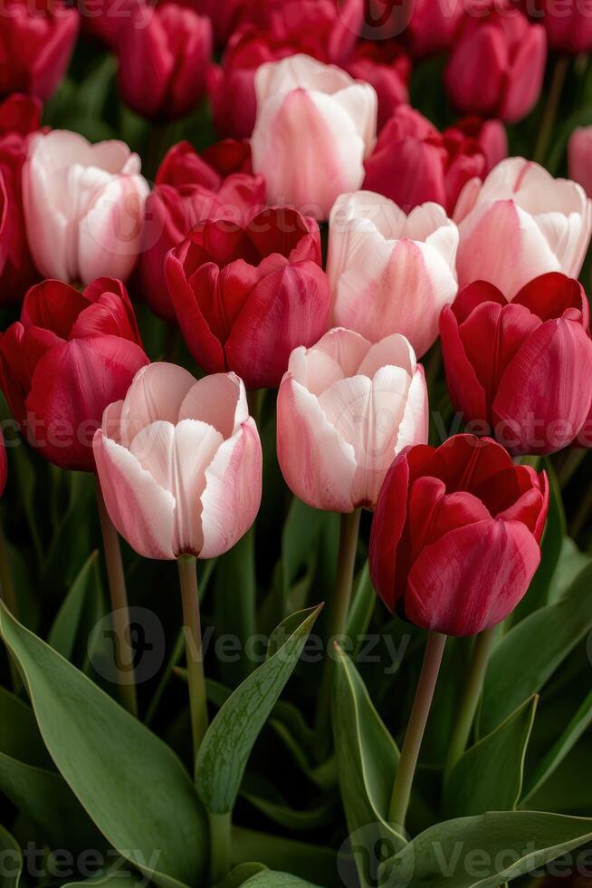 Close up of pink and red tulips in full bloom photo