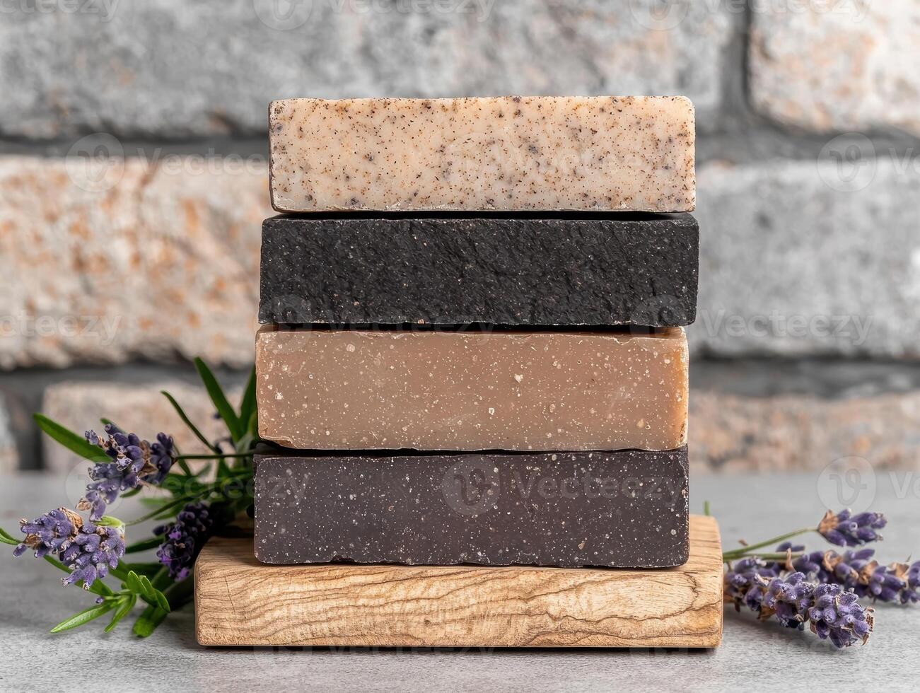 Stacked artisan soaps with lavender photo