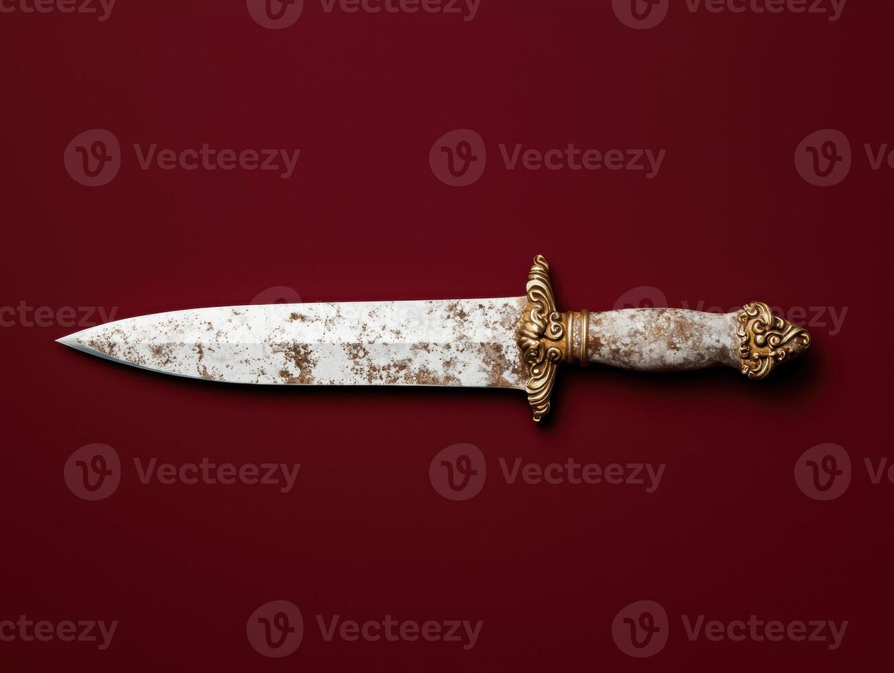 Antique dagger with ornate handle on a dark red background photo
