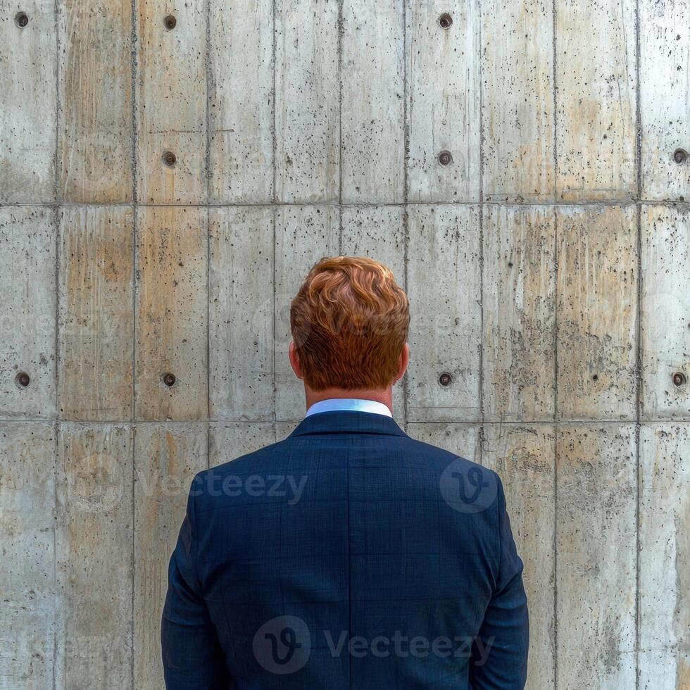 Businessman standing with his back to the camera in front of a concrete wall photo