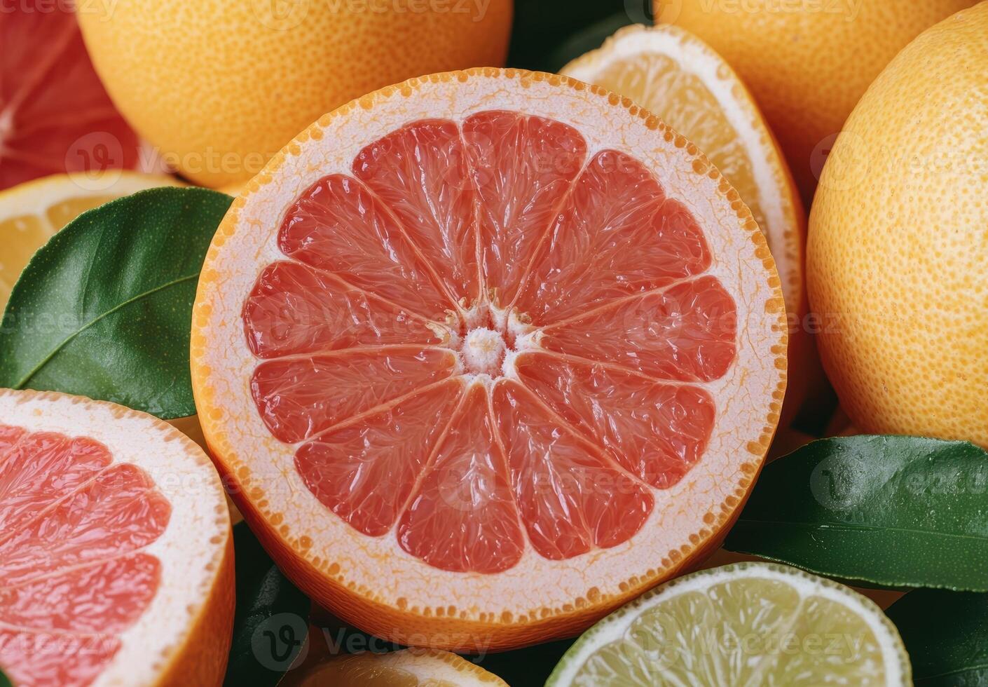 Closeup of a juicy grapefruit slice surrounded by other citrus fruits photo