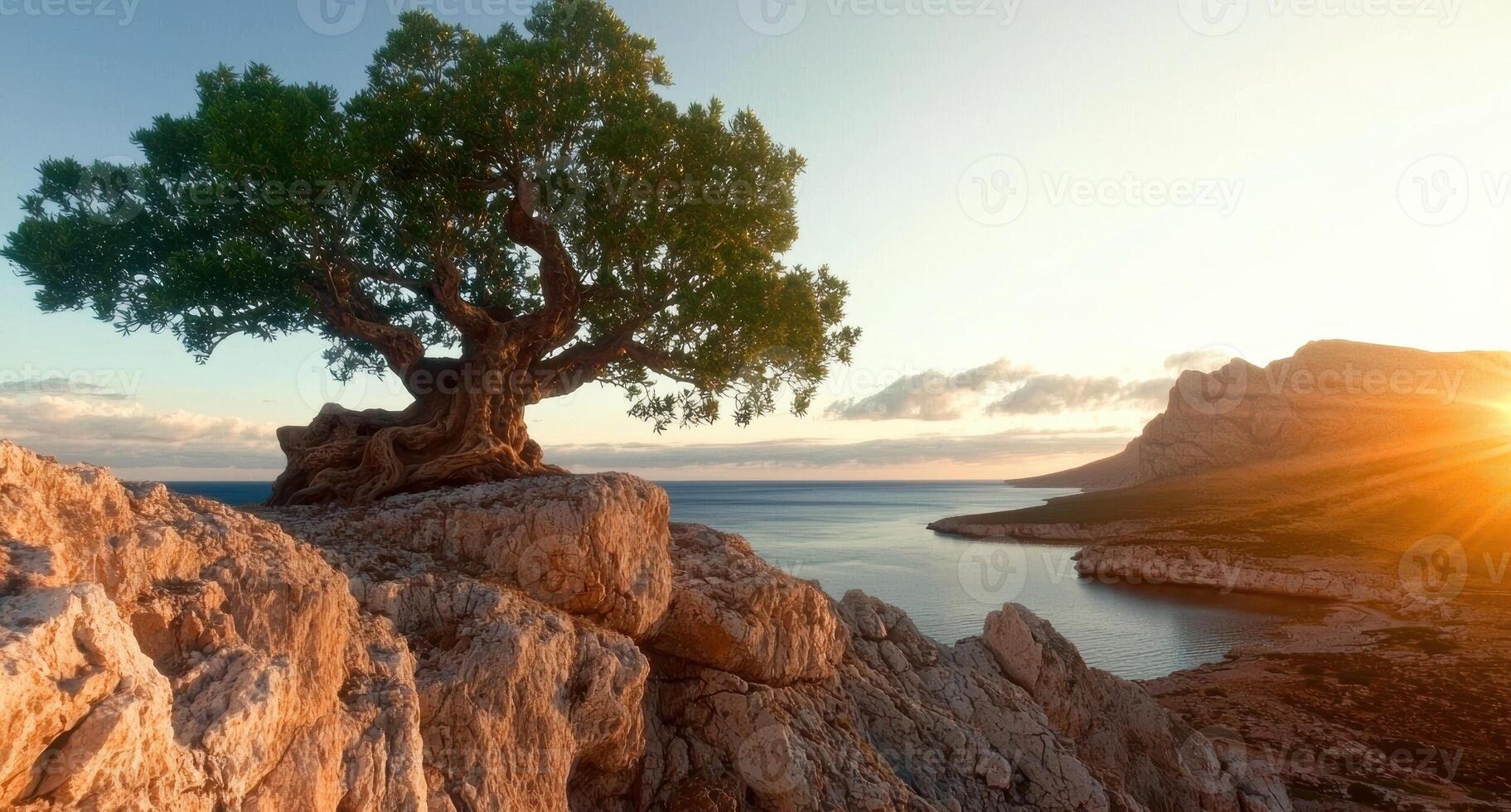 Lonely tree on a cliff overlooking the ocean at sunset photo