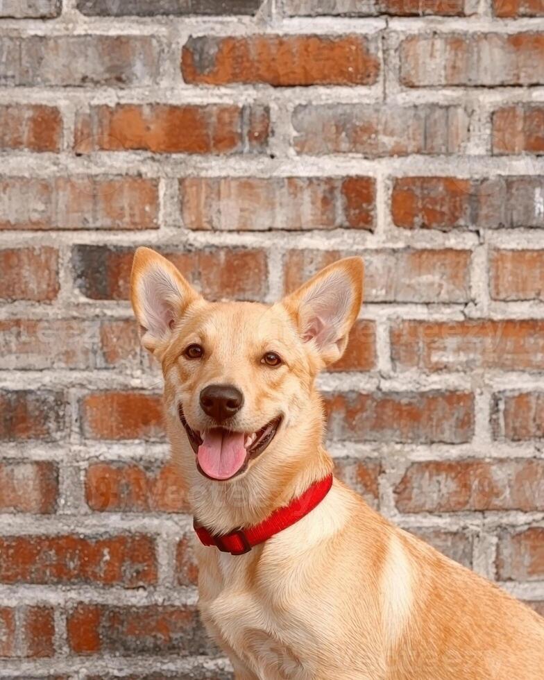 Happy dog sitting in front of a brick wall photo