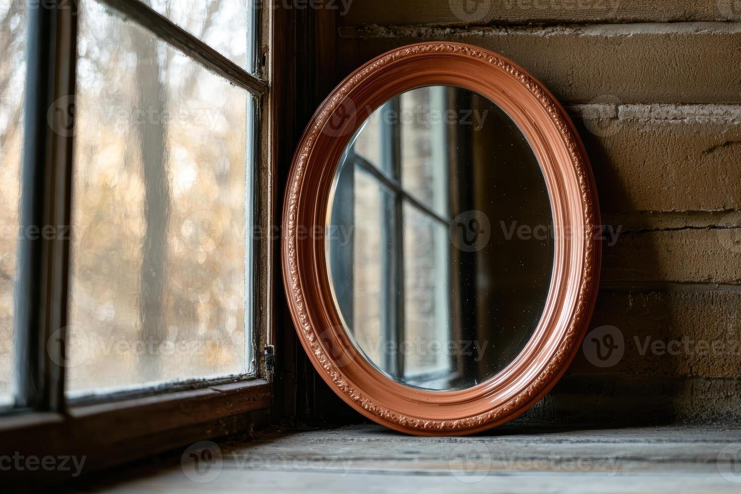 Oval mirror with copper frame on wooden surface photo