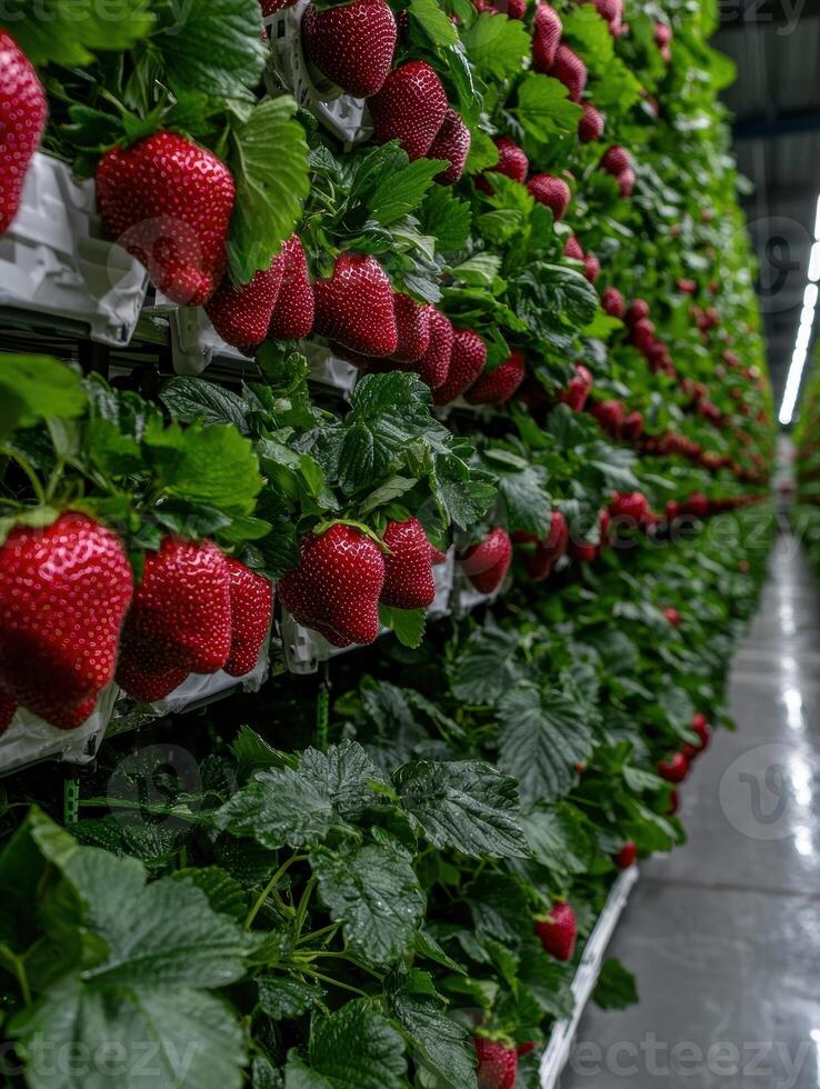 Rows of ripe strawberries growing in a vertical farm photo