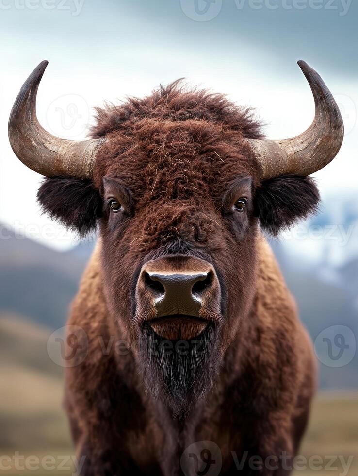 Closeup of a majestic bison staring intensely at the camera photo