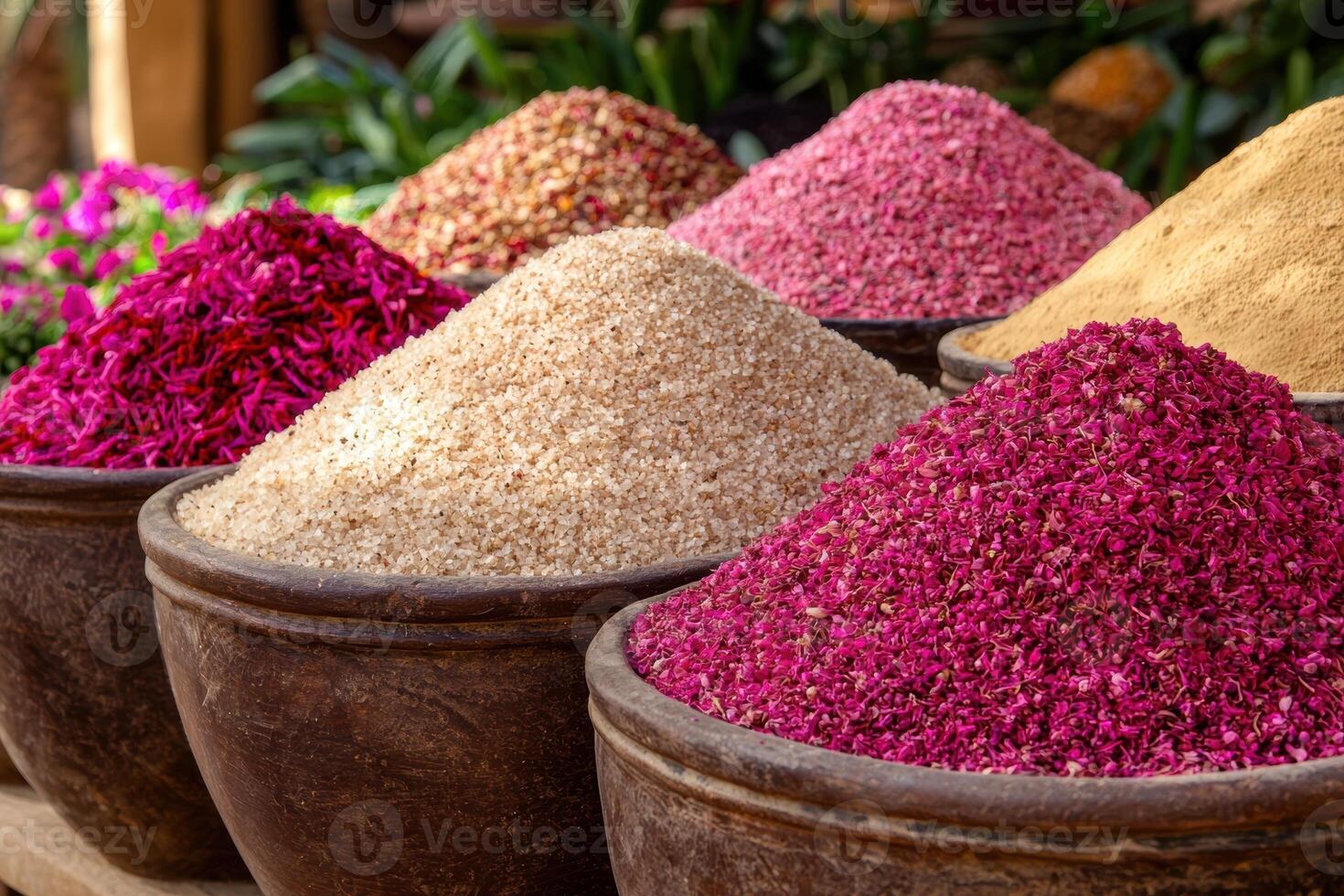 Colorful spices and herbs in bowls at a market photo