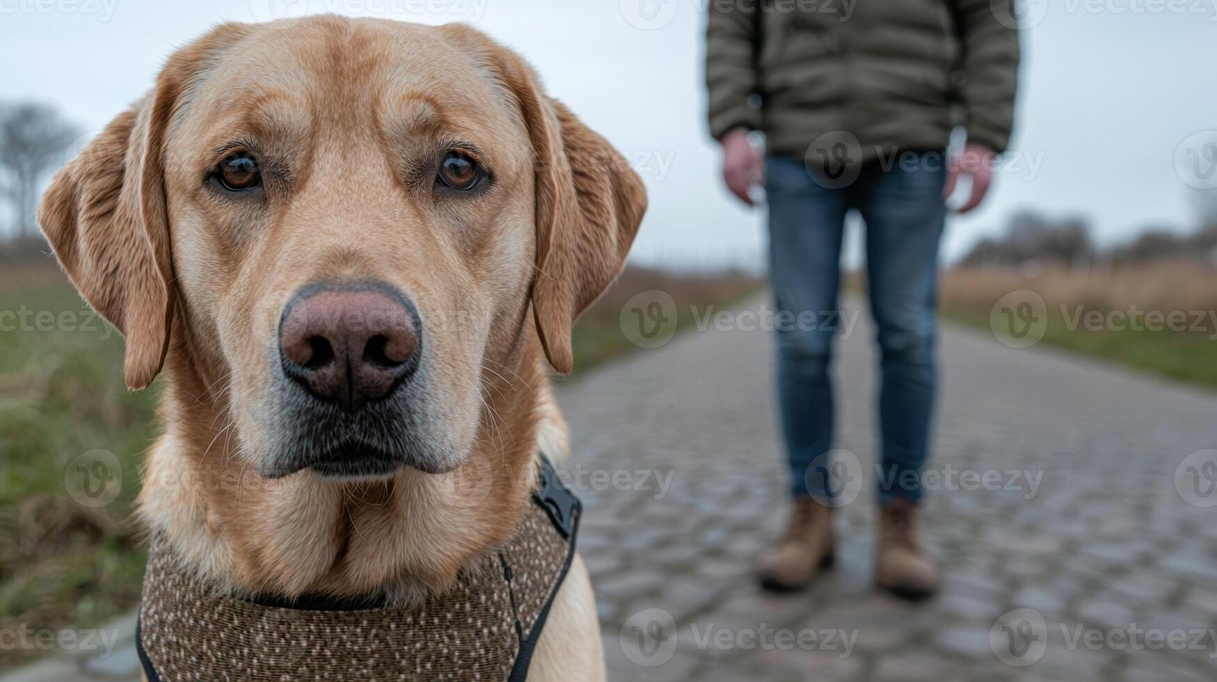 Golden retriever dog looking at camera with owner walking away in the background photo