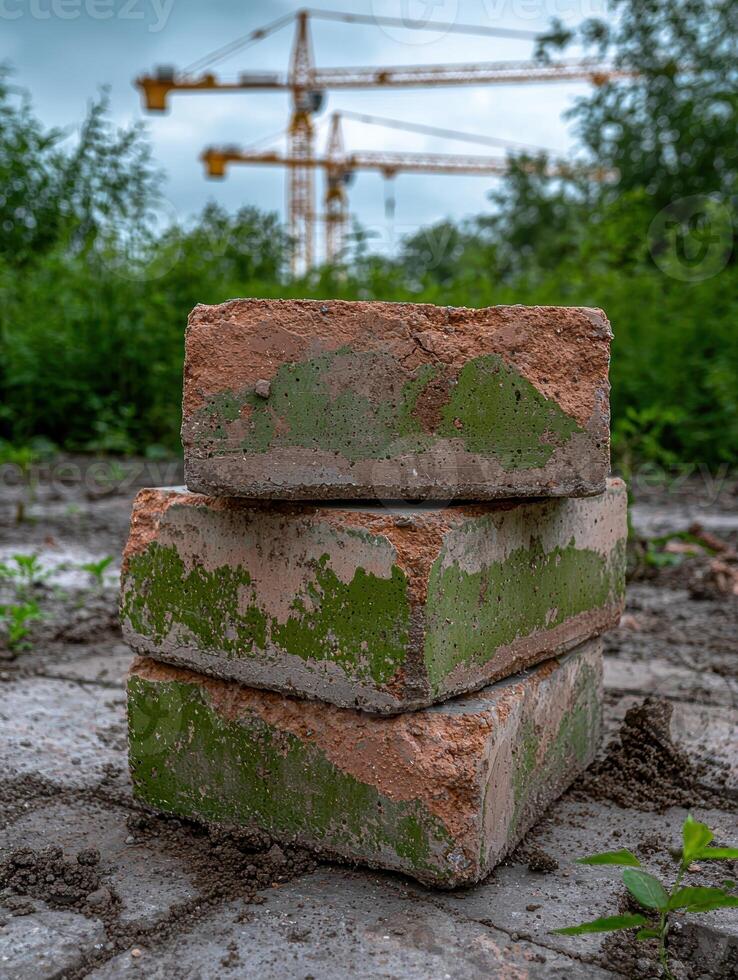 Three weathered bricks stacked on a construction site photo