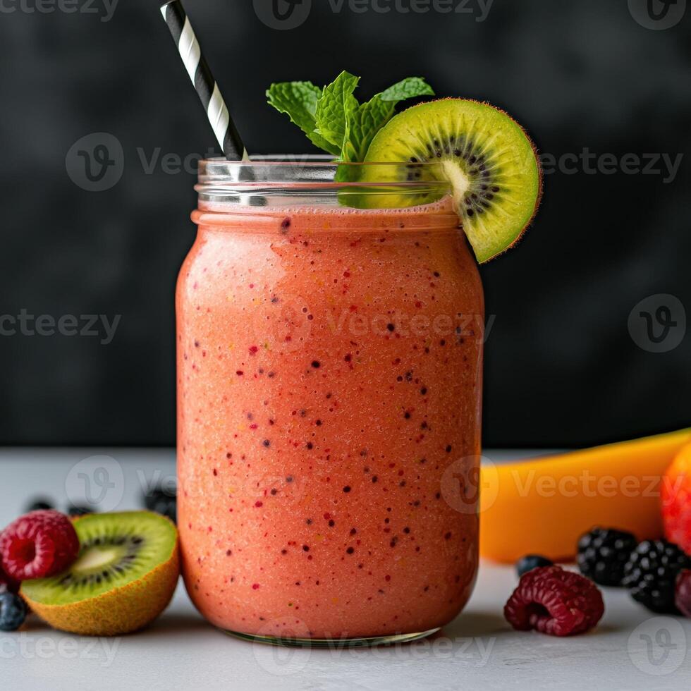 Delicious and refreshing fruit smoothie in a mason jar photo