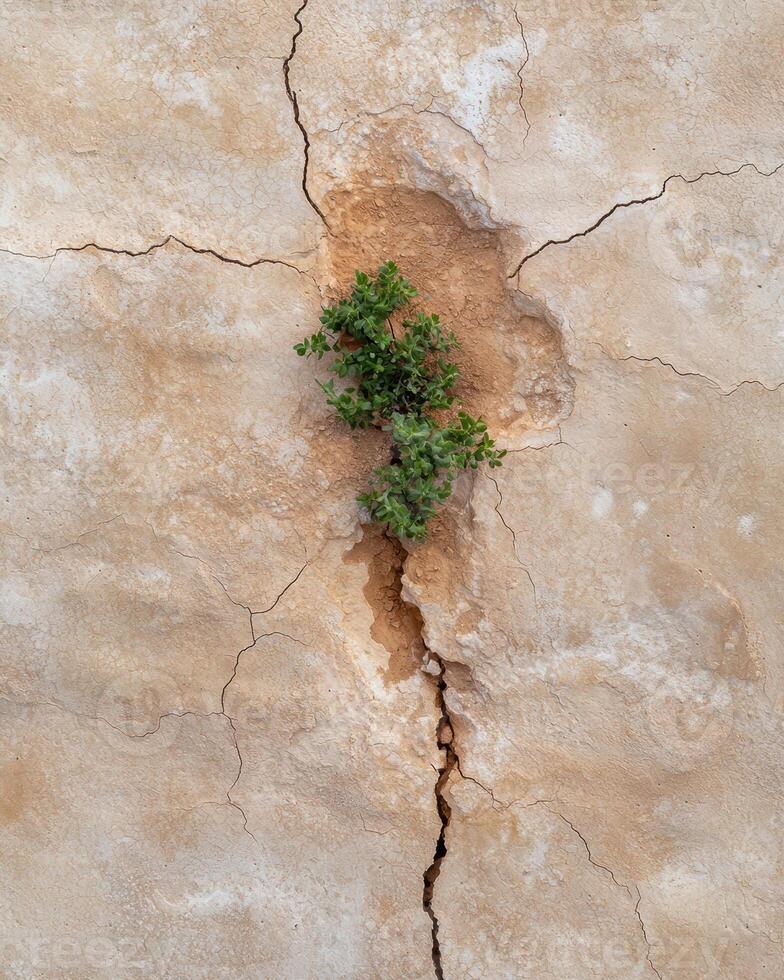 Resilient plant growing through cracked earth. photo