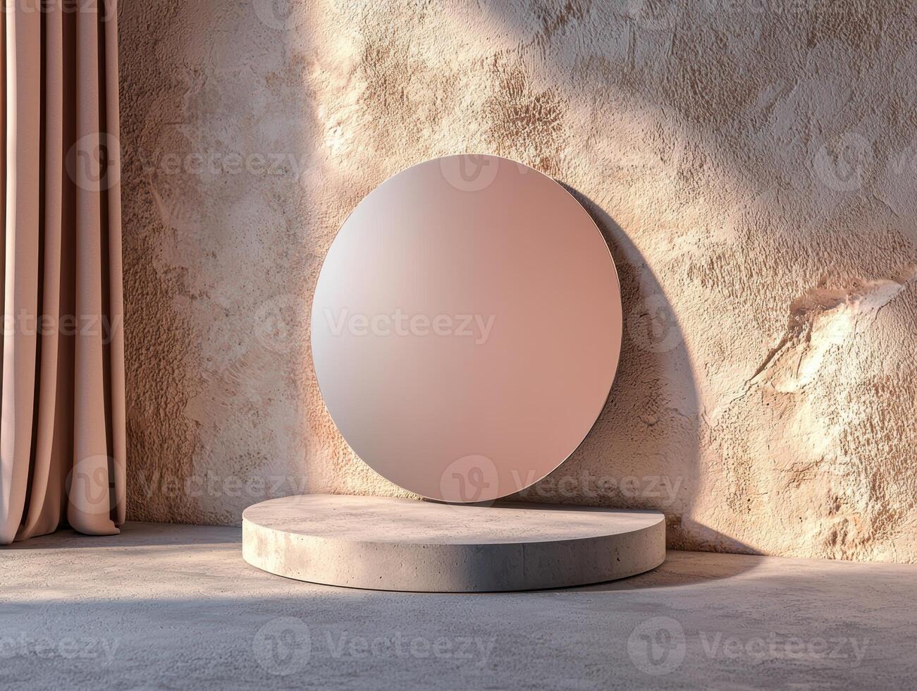 Round mirror on concrete pedestal against textured wall photo