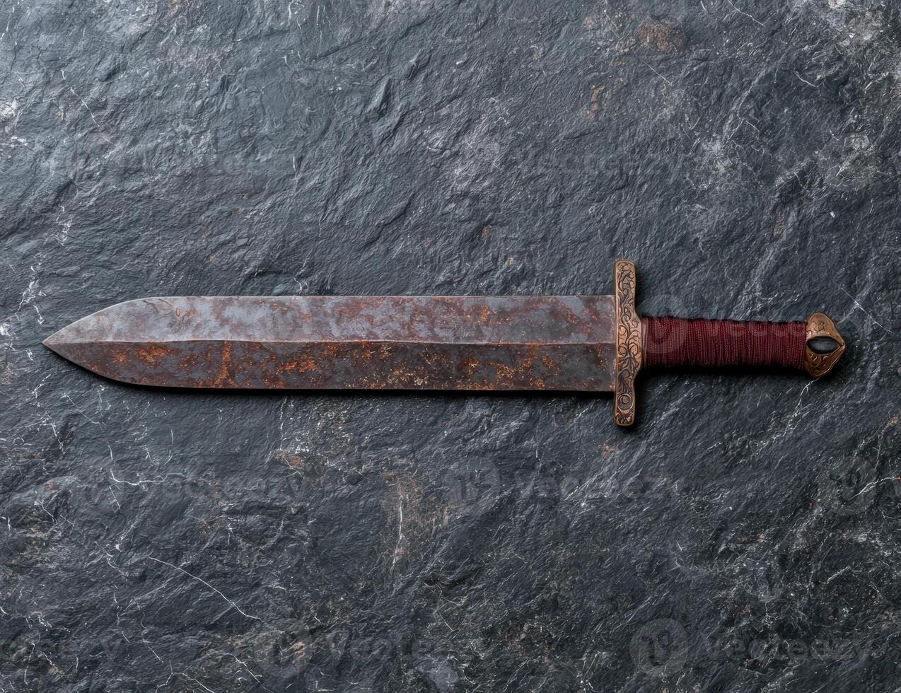 Rusty medieval sword on dark stone background photo