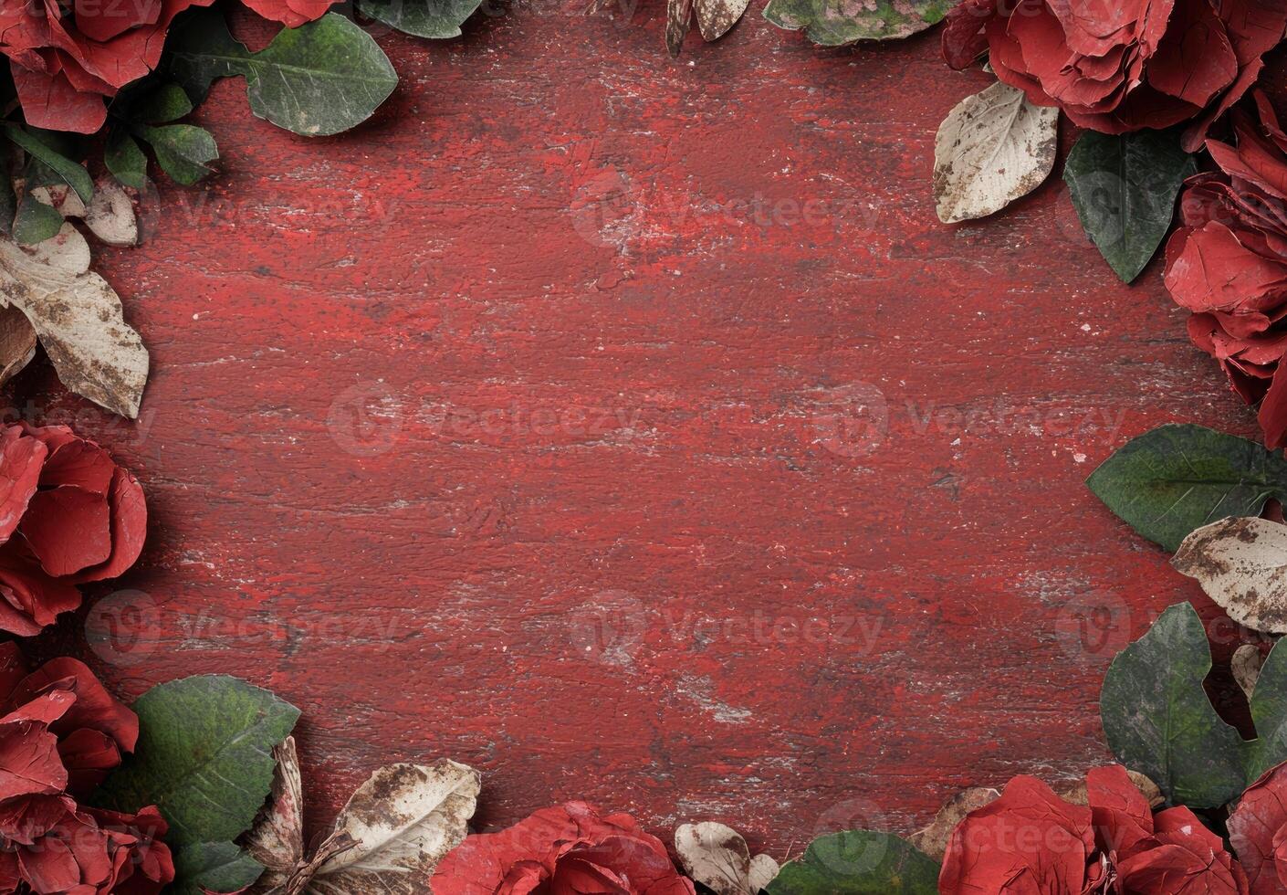 Red roses border on rustic red wooden background photo