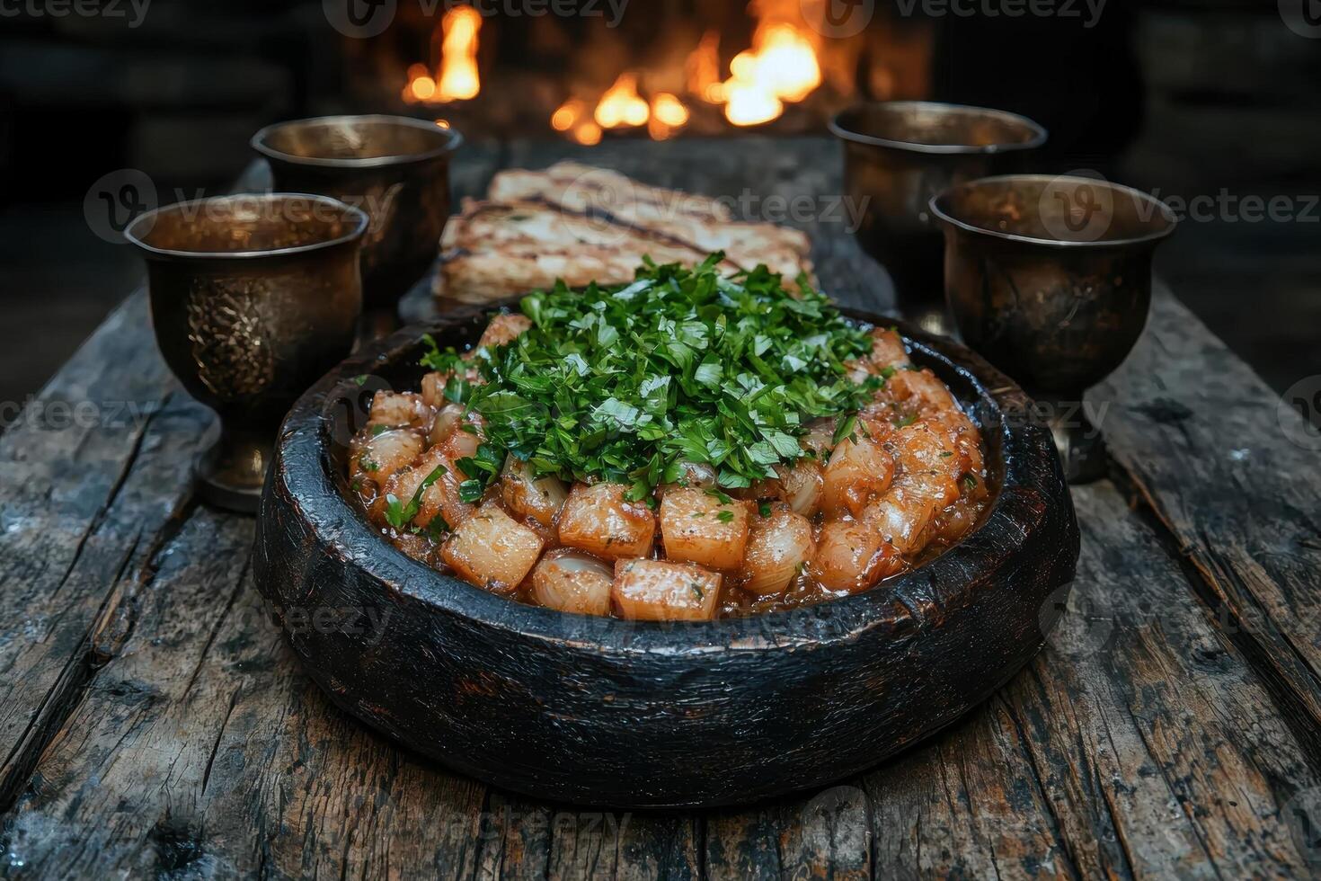 Hearty stew in rustic bowl, medieval feast photo
