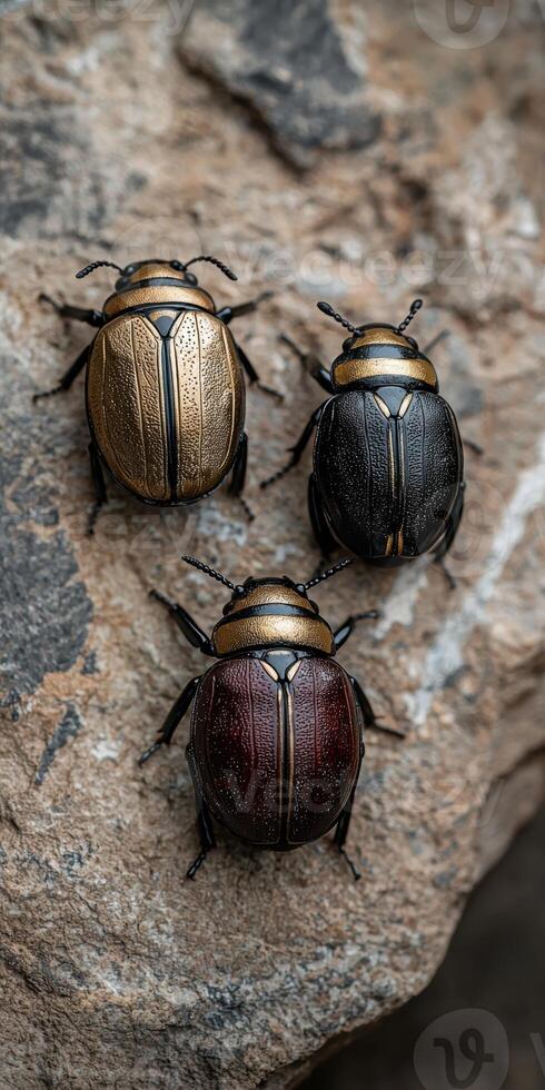 Three metallic beetles on a rock photo