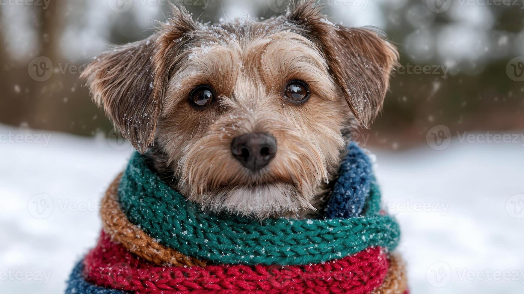 Adorable small dog wearing a colorful knitted scarf in the snow photo
