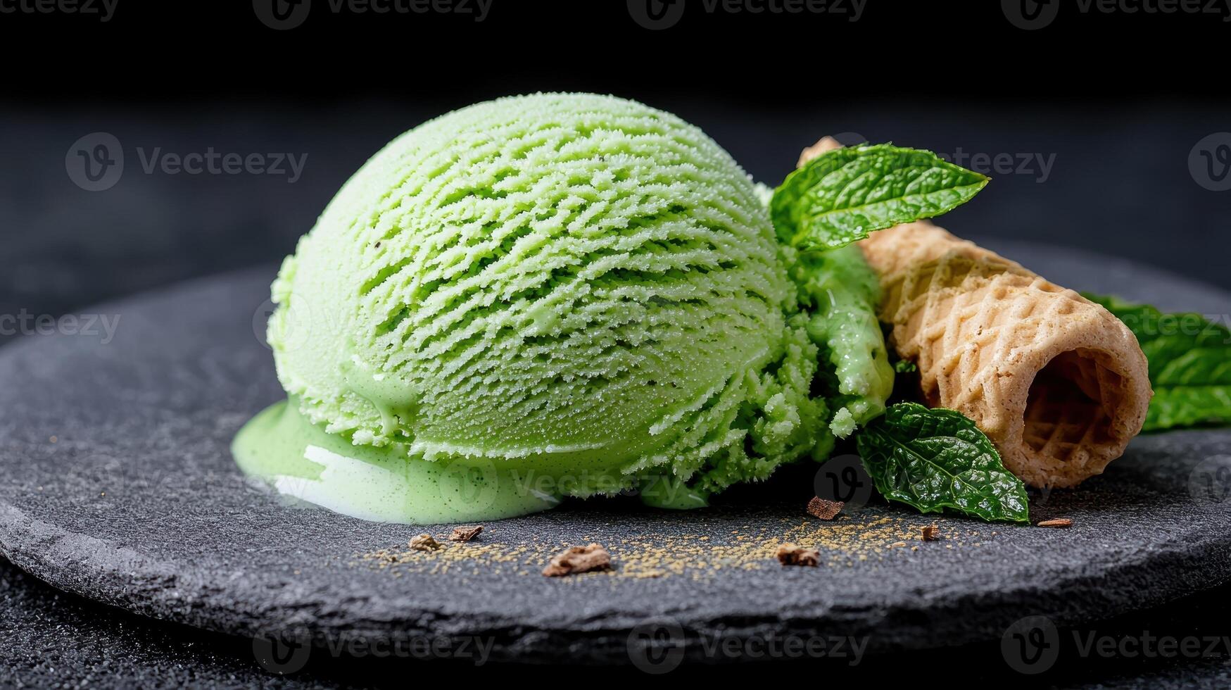 Close up of a scoop of refreshing green tea ice cream with a wafer cone and mint leaves photo