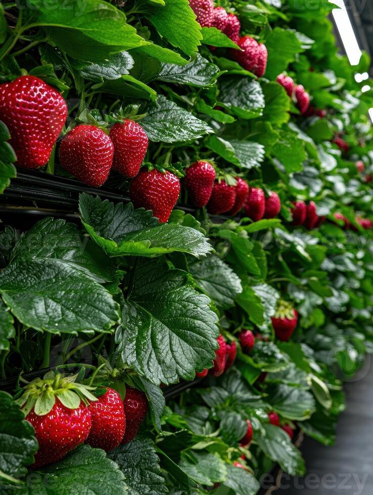 Rows of ripe red strawberries growing in a vertical farm photo