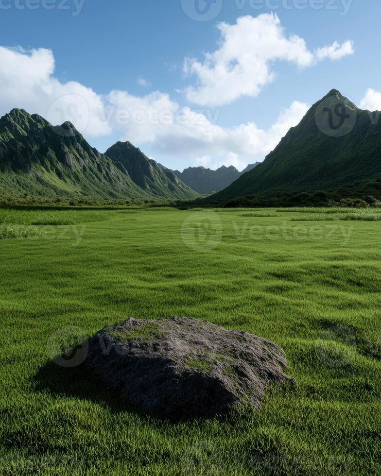 Serene valley landscape with lush green grass and a single rock photo