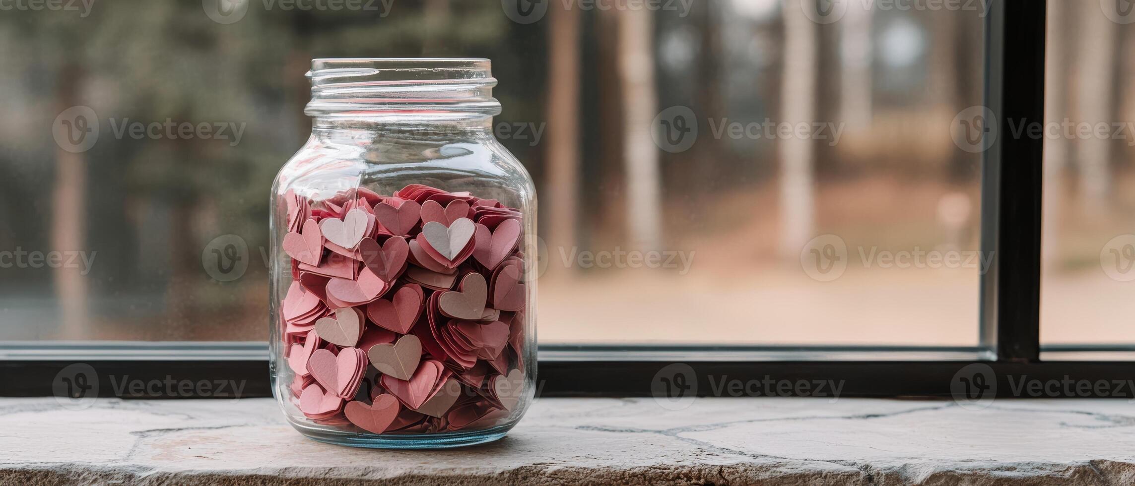 Mason jar filled with small paper hearts on window sill photo