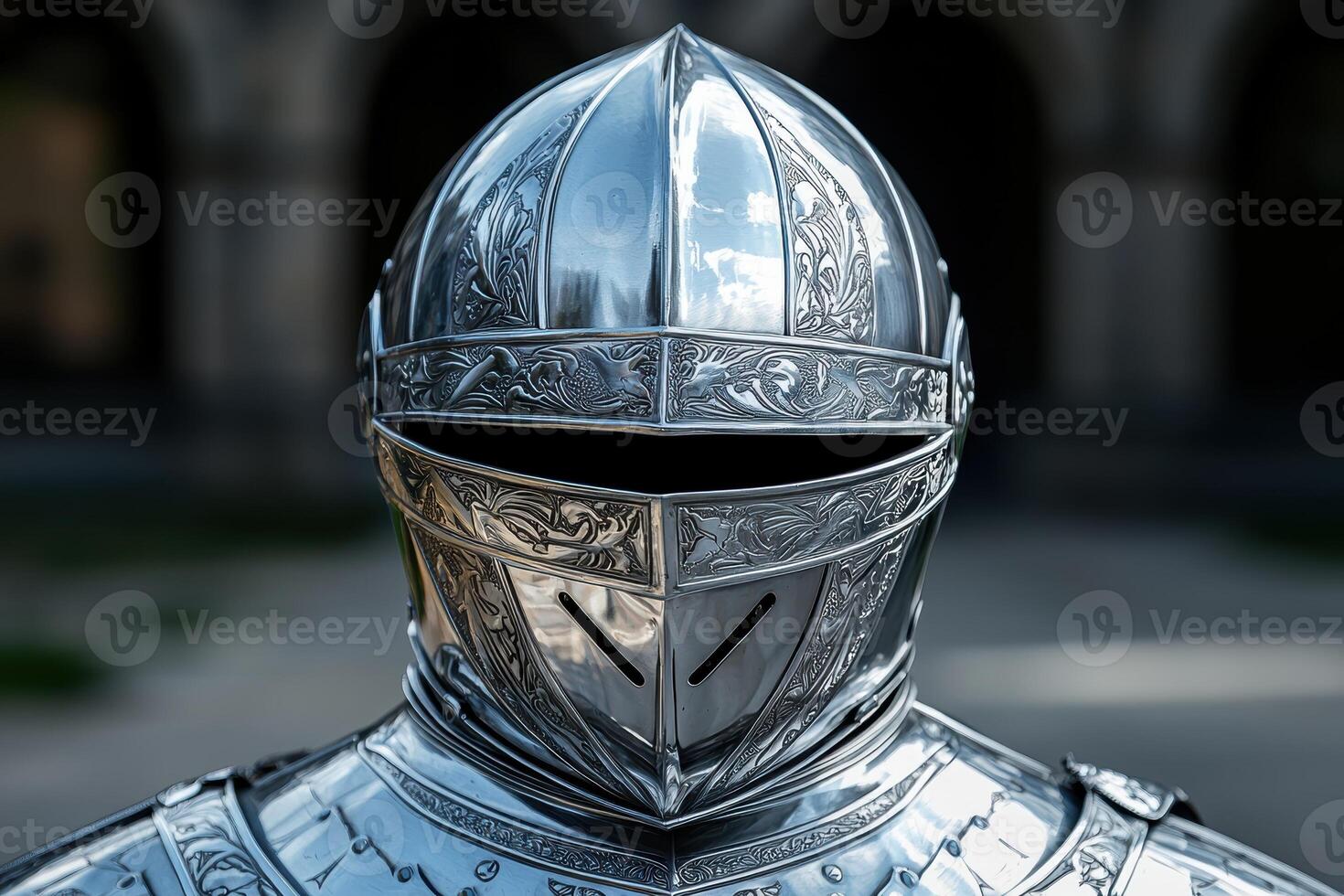 Close up of a medieval knights helmet with intricate engravings photo