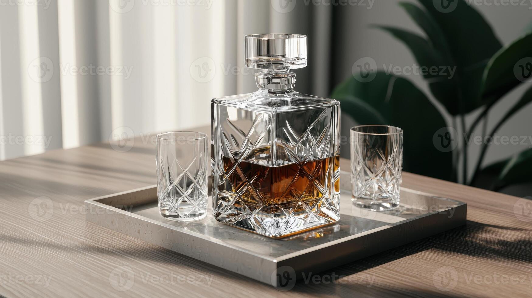 Crystal decanter of amber liquor with two glasses on a tray photo