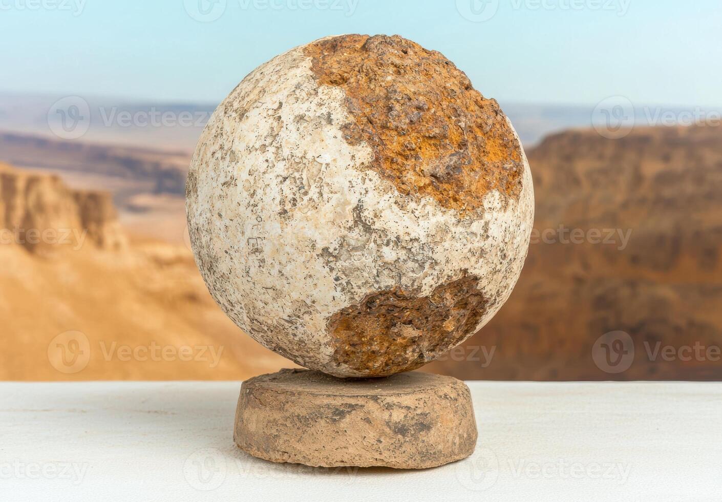 Stone sphere on a stand against a desert backdrop photo