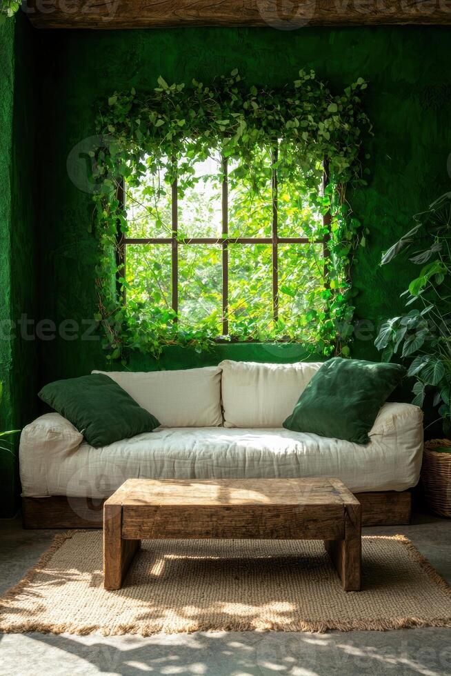 Cozy living room with green wall and plants photo