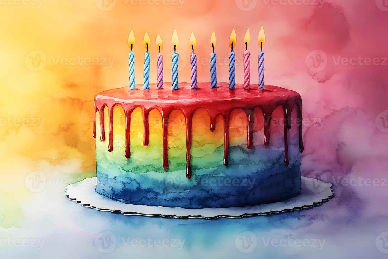 Colorful Watercolor Birthday Cake with Candles - Perfect for Celebrations and Invitations photo