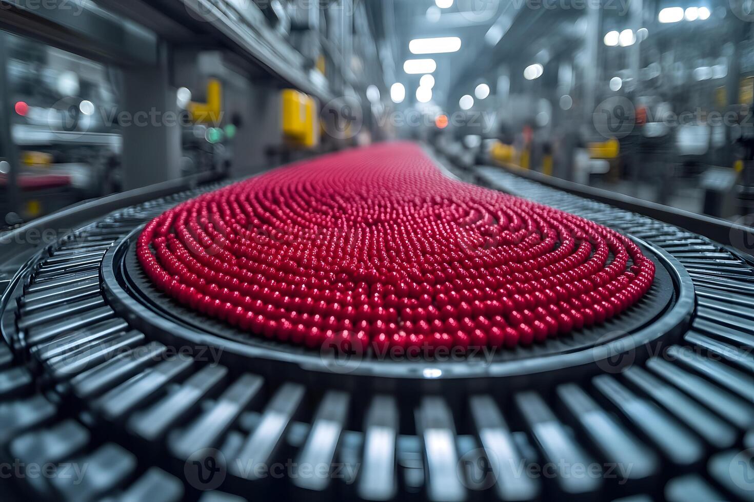 Automated Candy Production Line with Red Sweets in Factory Setting photo