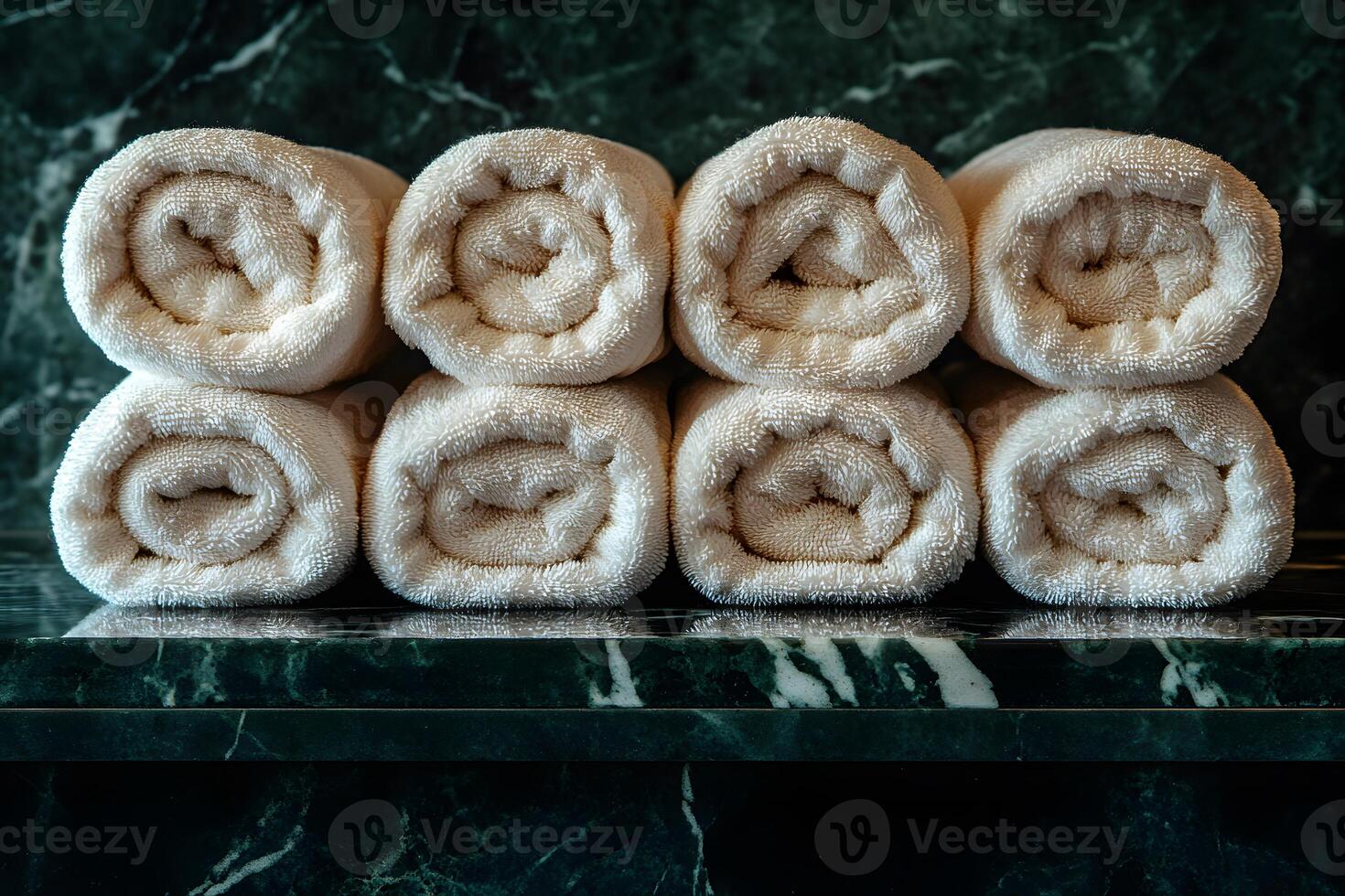 Spa Elegance and Luxury with Rolled White Towels on Marble Surface photo