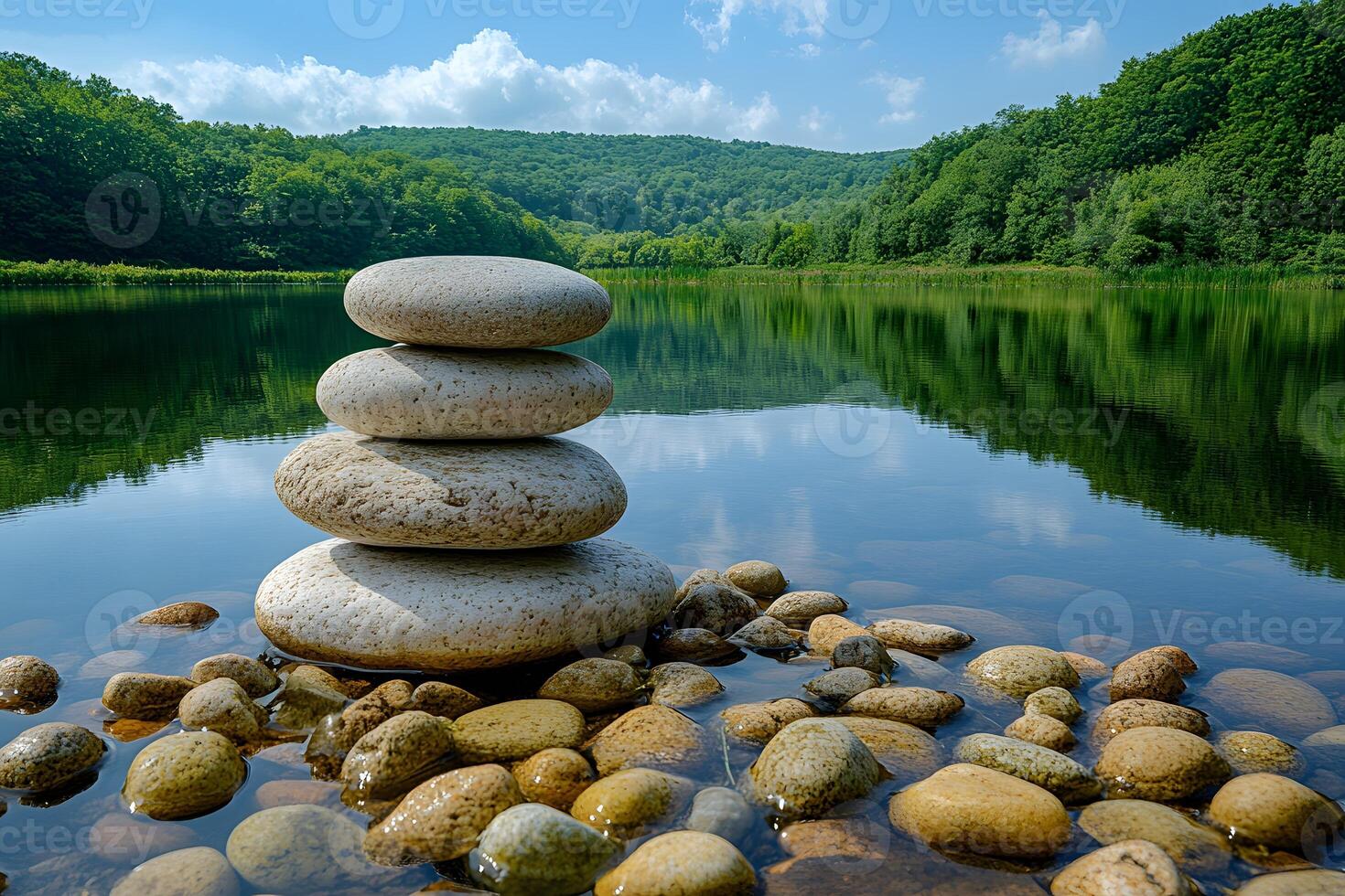 Zen Nature Scene Stacked Stones by a Tranquil Lake in a Forested Landscape photo