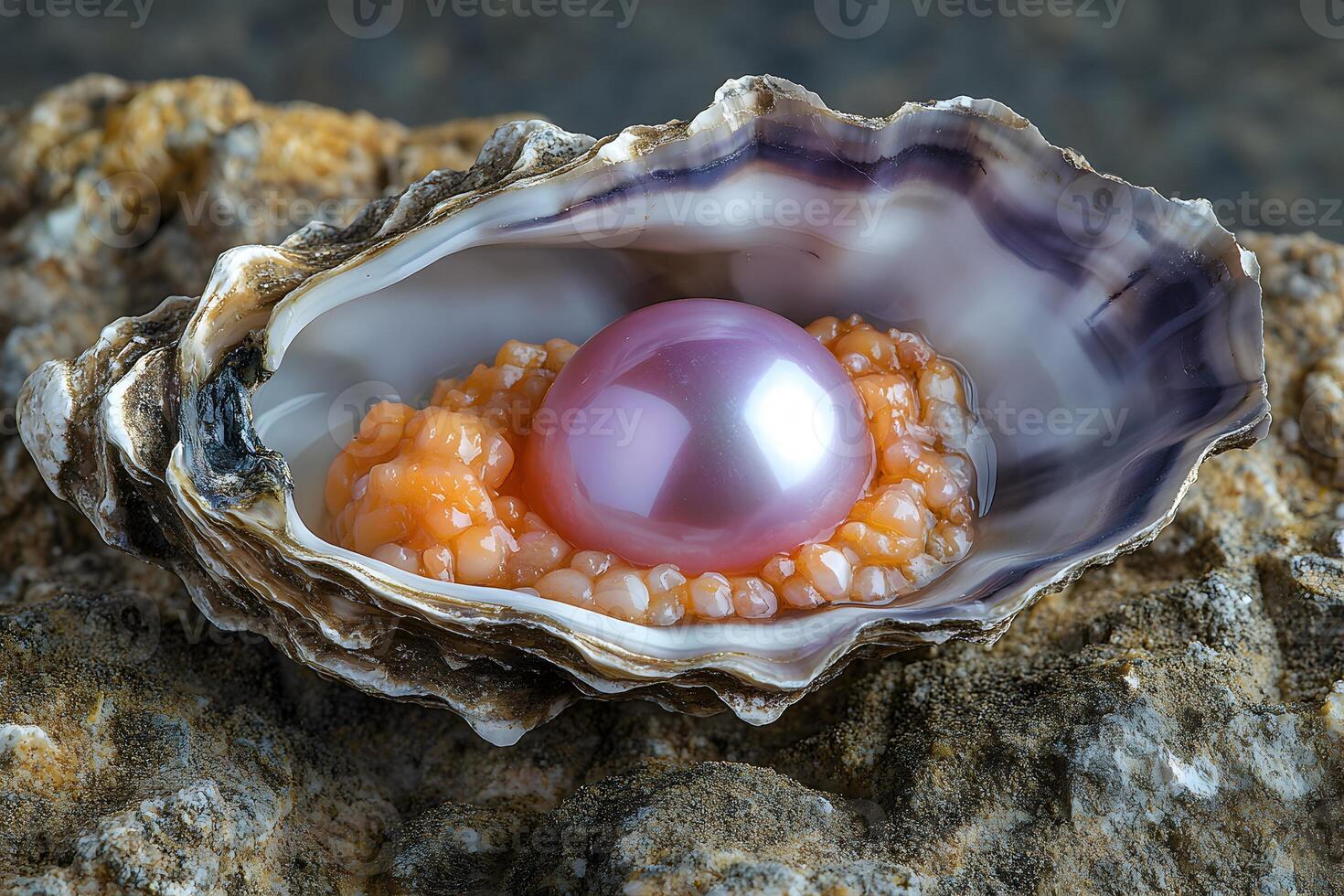 Luxurious Pink Pearl in Natural Oyster Shell on Rugged Rock Background for Jewelry Design photo